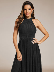 Color=Black | Glittery Halter Neck Pleated Formal Wholesale Evening Dress-Black 2