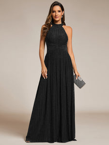 Color=Black | Glittery Halter Neck Pleated Formal Wholesale Evening Dress-Black 4
