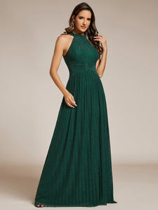 Color=Dark Green | Glittery Halter Neck Pleated Formal Wholesale Evening Dress-Dark Green 9