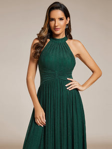 Color=Dark Green | Glittery Halter Neck Pleated Formal Wholesale Evening Dress-Dark Green 