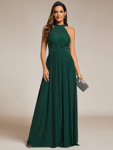 Color=Dark Green | Glittery Halter Neck Pleated Formal Wholesale Evening Dress-Dark Green 