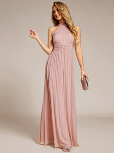 Color=Pink | Glittery Halter Neck Pleated Formal Wholesale Evening Dress-Pink 4