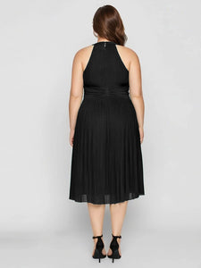 Color=Black | Factory Design Slightly Stretchy Halter Neck Sleeveless A-Line Midi Evening Dresses-Black 6