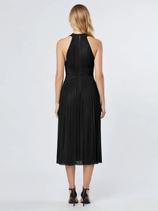 Color=Black | Factory Design Slightly Stretchy Halter Neck Sleeveless A-Line Midi Evening Dresses-Black 2