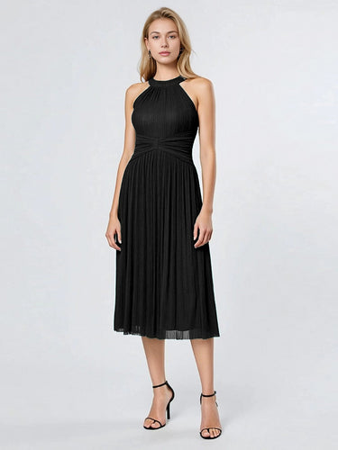 Color=Black | Factory Design Slightly Stretchy Halter Neck Sleeveless A-Line Midi Evening Dresses-Black 1