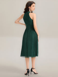 Color=Dark Green | Factory Design Slightly Stretchy Halter Neck Sleeveless A-Line Midi Evening Dresses-Dark Green 10