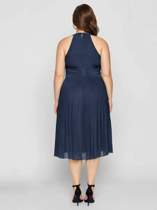 Color=Navy Blue | Factory Design Slightly Stretchy Halter Neck Sleeveless A-Line Midi Evening Dresses-Navy Blue 24