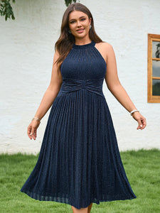 Color=Navy Blue | Factory Design Slightly Stretchy Halter Neck Sleeveless A-Line Midi Evening Dresses-Navy Blue 25