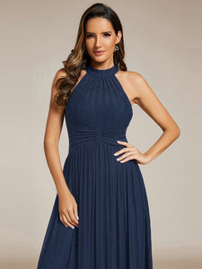 Color=Navy Blue | Factory Design Slightly Stretchy Halter Neck Sleeveless A-Line Midi Evening Dresses-Navy Blue 22
