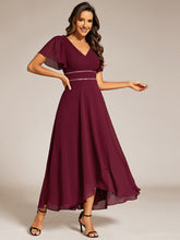 Load image into Gallery viewer, Color=Burgundy | Elegant Asymmetrical A-Line Skirt Nine-Length Chiffon Dresses with Ruffles Sleeves-Burgundy 8