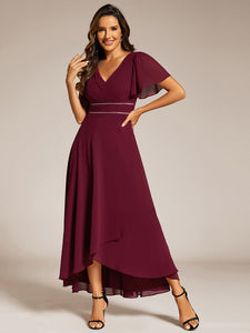 Color=Burgundy | Elegant Asymmetrical A-Line Skirt Nine-Length Chiffon Dresses with Ruffles Sleeves-Burgundy 9