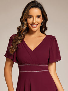 Color=Burgundy | Elegant Asymmetrical A-Line Skirt Nine-Length Chiffon Dresses with Ruffles Sleeves-Burgundy 10