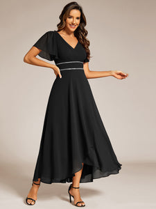 Color=Black | Elegant Asymmetrical A-Line Skirt Nine-Length Chiffon Dresses with Ruffles Sleeves-Black 13