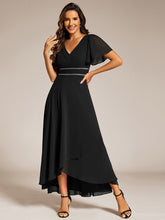 Load image into Gallery viewer, Color=Black | Elegant Asymmetrical A-Line Skirt Nine-Length Chiffon Dresses with Ruffles Sleeves-Black 14