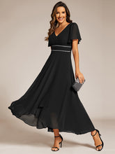 Load image into Gallery viewer, Color=Black | Elegant Asymmetrical A-Line Skirt Nine-Length Chiffon Dresses with Ruffles Sleeves-Black 11