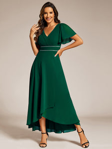 Color=Dark Green | Elegant Asymmetrical A-Line Skirt Nine-Length Chiffon Dresses with Ruffles Sleeves-Dark Green 19