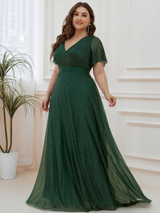 Color=Dark Green |Plus Size Deep V Neck Ruffles Sleeve A Line Wholesale Evening Dresses-Dark Green 4