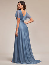 Load image into Gallery viewer, Color=Dusty Blue | Shiny Deep V Neck Ruffles Sleeve Wholesale Evening Dresses-Dusty Blue 5