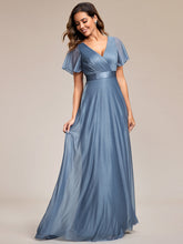 Load image into Gallery viewer, Color=Dusty Blue | Shiny Deep V Neck Ruffles Sleeve Wholesale Evening Dresses-Dusty Blue 2