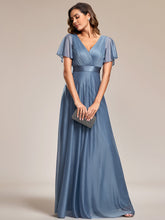 Load image into Gallery viewer, Color=Dusty Blue | Shiny Deep V Neck Ruffles Sleeve Wholesale Evening Dresses-Dusty Blue 3