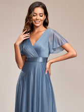 Load image into Gallery viewer, Color=Dusty Blue | Shiny Deep V Neck Ruffles Sleeve Wholesale Evening Dresses-Dusty Blue 4