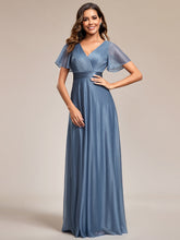 Load image into Gallery viewer, Color=Dusty Blue | Shiny Deep V Neck Ruffles Sleeve Wholesale Evening Dresses-Dusty Blue 1