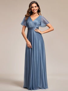 Color=Dusty Blue | Shiny Deep V Neck Ruffles Sleeve Wholesale Evening Dresses-Dusty Blue 1