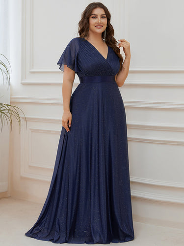 Color=Navy Blue |Plus Size Deep V Neck Ruffles Sleeve A Line Wholesale Evening Dresses-Navy Blue 1