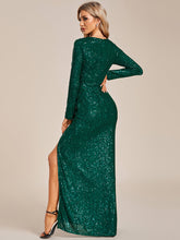 Load image into Gallery viewer, Long Sleeves Side Split Pleated Wholesale Sequin Evening Dresses#Color_Dark Green