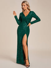 Load image into Gallery viewer, Long Sleeves Side Split Pleated Wholesale Sequin Evening Dresses#Color_Dark Green