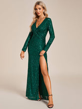 Load image into Gallery viewer, Long Sleeves Side Split Pleated Wholesale Sequin Evening Dresses#Color_Dark Green