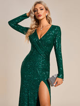 Load image into Gallery viewer, Long Sleeves Side Split Pleated Wholesale Sequin Evening Dresses#Color_Dark Green