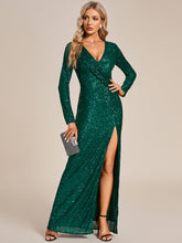 Load image into Gallery viewer, Long Sleeves Side Split Pleated Wholesale Sequin Evening Dresses#Color_Dark Green