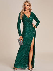 Long Sleeves Side Split Pleated Wholesale Sequin Evening Dresses#Color_Dark Green