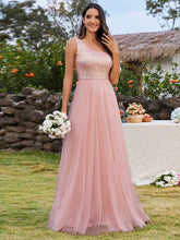 Load image into Gallery viewer, Color=Pink | Maxi Long Sequin One Shoulder Tulle Wholesale Bridesmaid Dress-Pink 1