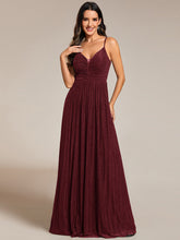 Load image into Gallery viewer, Color=Burgundy |  Shimmer V Neck Floor Length Bridesmaid Dress With Spaghetti Straps-Burgundy 4