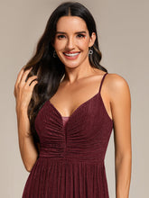 Load image into Gallery viewer, Color=Burgundy |  Shimmer V Neck Floor Length Bridesmaid Dress With Spaghetti Straps-Burgundy 5
