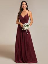 Load image into Gallery viewer, Color=Burgundy |  Shimmer V Neck Floor Length Bridesmaid Dress With Spaghetti Straps-Burgundy 1