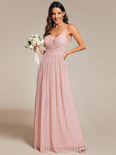 Load image into Gallery viewer, Color=Pink |  Shimmer V Neck Floor Length Bridesmaid Dress With Spaghetti Straps-Pink 15