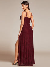 Load image into Gallery viewer, Color=Burgundy | Graceful Spaghetti Straps Split Pleated Empire Waist V Neck Floor Length Chiffon Dresses with Shimmer-Burgundy 22