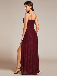 Color=Burgundy | Graceful Spaghetti Straps Split Pleated Empire Waist V Neck Floor Length Chiffon Dresses with Shimmer-Burgundy 22