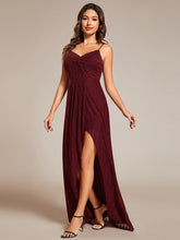 Load image into Gallery viewer, Color=Burgundy | Graceful Spaghetti Straps Split Pleated Empire Waist V Neck Floor Length Chiffon Dresses with Shimmer-Burgundy 23