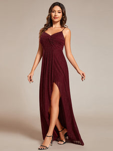 Color=Burgundy | Graceful Spaghetti Straps Split Pleated Empire Waist V Neck Floor Length Chiffon Dresses with Shimmer-Burgundy 23