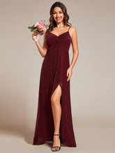 Load image into Gallery viewer, Color=Burgundy | Graceful Spaghetti Straps Split Pleated Empire Waist V Neck Floor Length Chiffon Dresses with Shimmer-Burgundy 24