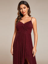 Load image into Gallery viewer, Color=Burgundy | Graceful Spaghetti Straps Split Pleated Empire Waist V Neck Floor Length Chiffon Dresses with Shimmer-Burgundy 25