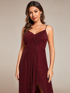 Color=Burgundy | Graceful Spaghetti Straps Split Pleated Empire Waist V Neck Floor Length Chiffon Dresses with Shimmer-Burgundy 25