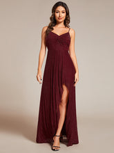 Load image into Gallery viewer, Color=Burgundy | Graceful Spaghetti Straps Split Pleated Empire Waist V Neck Floor Length Chiffon Dresses with Shimmer-Burgundy 21