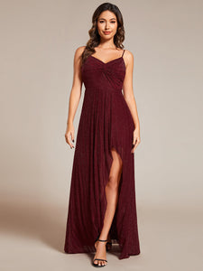 Color=Burgundy | Graceful Spaghetti Straps Split Pleated Empire Waist V Neck Floor Length Chiffon Dresses with Shimmer-Burgundy 21