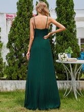 Load image into Gallery viewer, Color=Dark Green | Graceful Spaghetti Straps Split Pleated Empire Waist V Neck Floor Length Chiffon Dresses with Shimmer-Dark Green 27