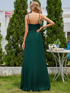 Color=Dark Green | Graceful Spaghetti Straps Split Pleated Empire Waist V Neck Floor Length Chiffon Dresses with Shimmer-Dark Green 27